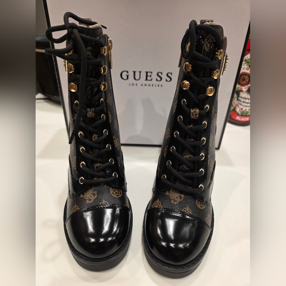 GUESS Black and Brown Lace-Up Boots Neadlyn NWT
